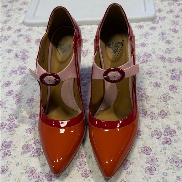 John Fluevog Shoes - John Fluevog Orange, Red & Pink Patent Mary Jane Pumps